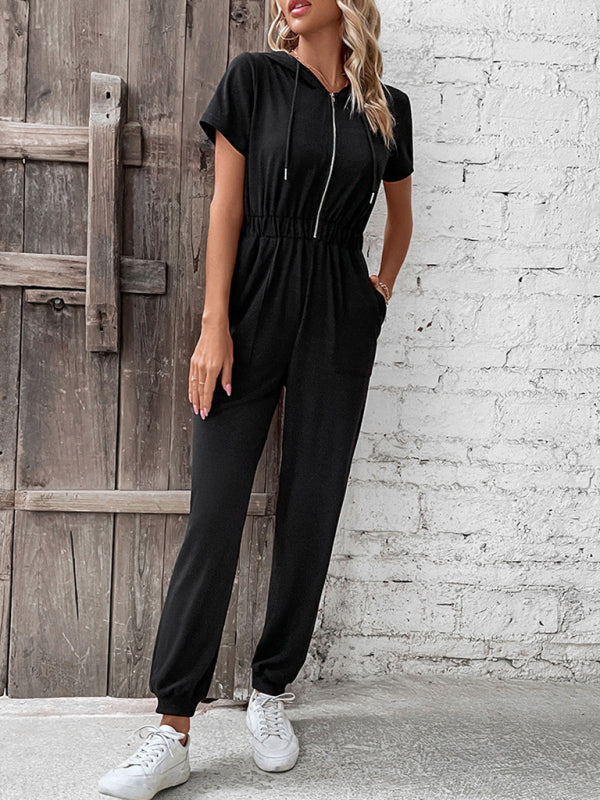 Solid Hooded Jumpsuit with Zip-Up Front and Smocked Waist