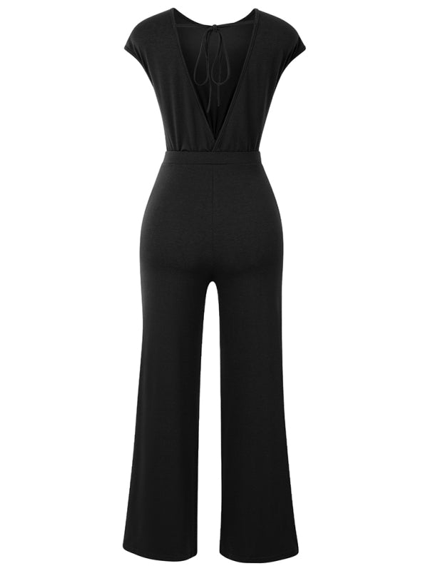 Solid Knot Cutout Jumpsuit - Women's Straight-Leg Full-Length Playsuit