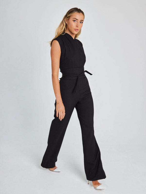 Stand Collar Wide-Leg Playsuit | Solid Sleeveless Wrap Belt Tie Jumpsuit