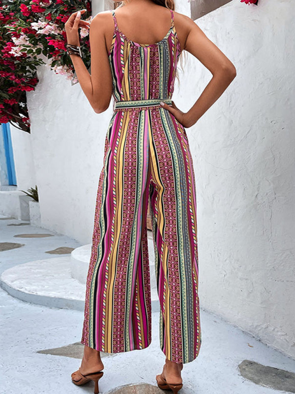 Jumpsuits- Summer Boho Print Belted Cami Jumpsuit - Full-Length Wide-Leg Playsuit- - Chuzko Women Clothing