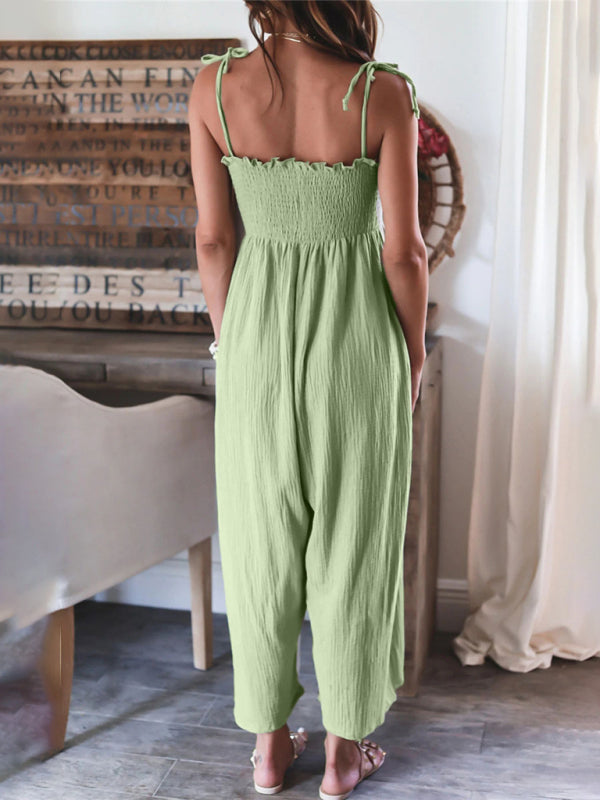 Jumpsuits- Summer Cotton Textured Wide-Leg Cami Jumpsuit - Smocked Bodice Playsuit- - Chuzko Women Clothing