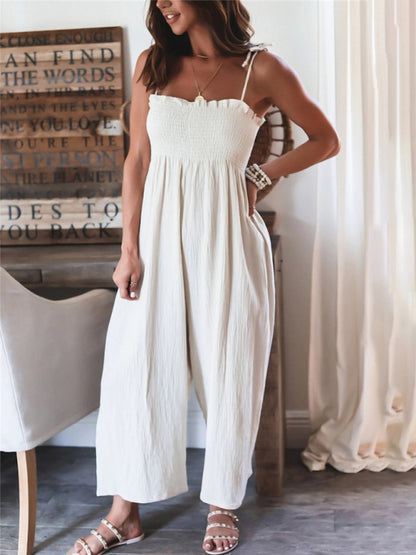 Jumpsuits- Summer Cotton Textured Wide-Leg Cami Jumpsuit - Smocked Bodice Playsuit- - Chuzko Women Clothing