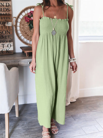 Jumpsuits- Summer Cotton Textured Wide-Leg Cami Jumpsuit - Smocked Bodice Playsuit- Green- Chuzko Women Clothing