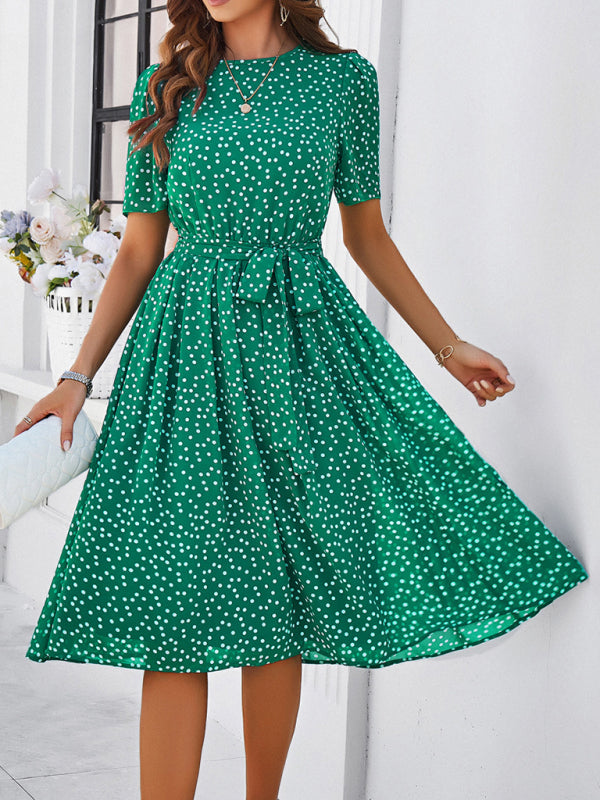 Knee-Length Dresses- Dressy Polka Dot A-Line Belted Tea Dress- - Chuzko Women Clothing