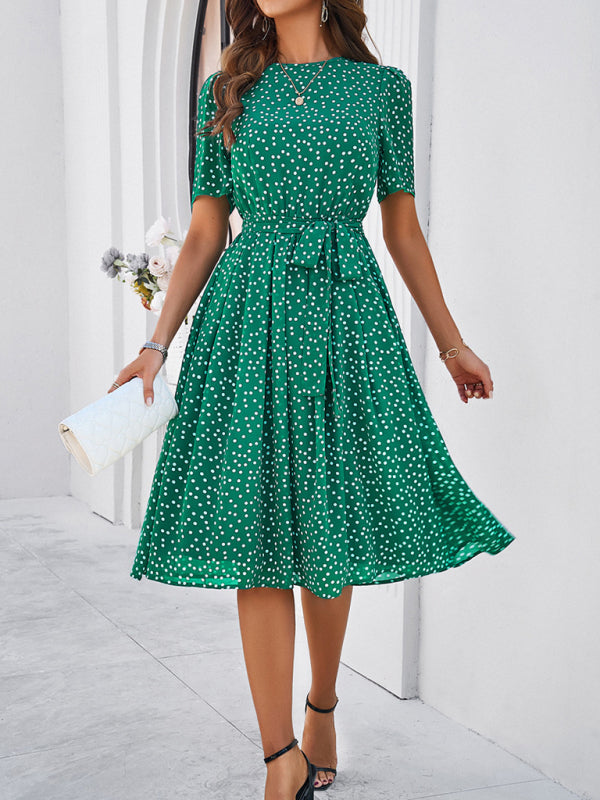 Knee-Length Dresses- Dressy Polka Dot A-Line Belted Tea Dress- - Chuzko Women Clothing