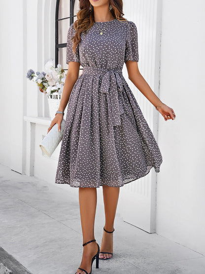 Knee-Length Dresses- Dressy Polka Dot A-Line Belted Tea Dress- Coffee- Chuzko Women Clothing