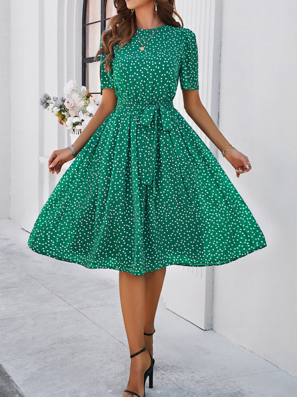 Knee-Length Dresses- Dressy Polka Dot A-Line Belted Tea Dress- Green- Chuzko Women Clothing
