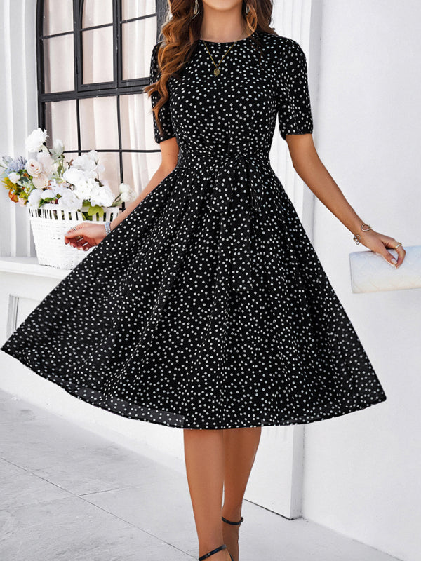 Knee-Length Dresses- Dressy Polka Dot A-Line Belted Tea Dress- Black- Chuzko Women Clothing