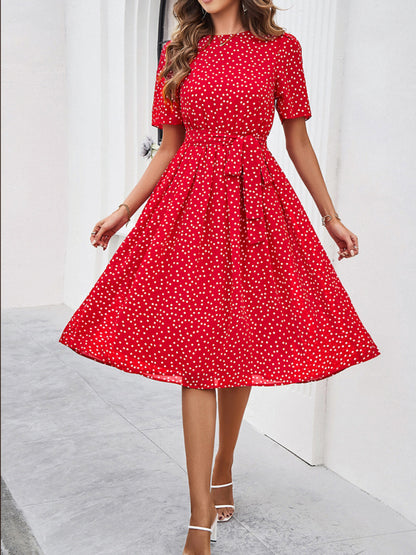 Knee-Length Dresses- Dressy Polka Dot A-Line Belted Tea Dress- Wine Red- Chuzko Women Clothing