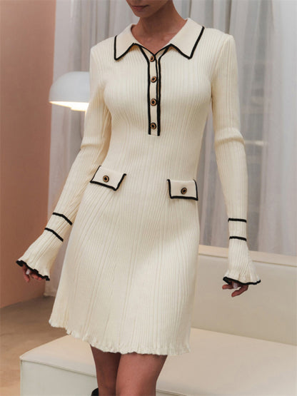 Knit Sheath Flapper Mini Dress with Long Sleeves & Contrast Trim Collar