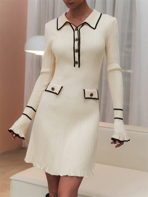Knit Sheath Flapper Mini Dress with Long Sleeves & Contrast Trim Collar