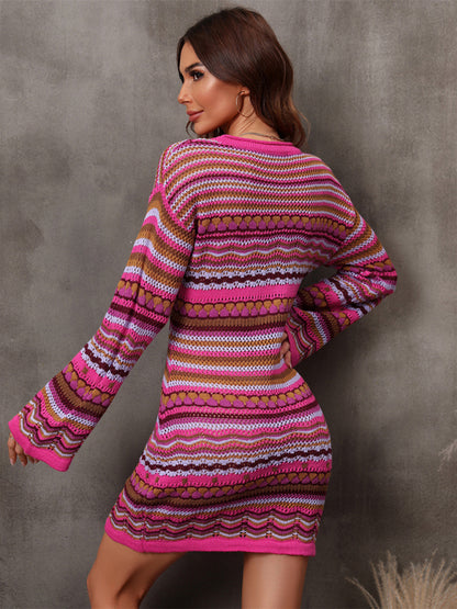 Knit Dresses- Lightweight Geo Knit Long Sleeve Sweater Dress- Chuzko Women Clothing
