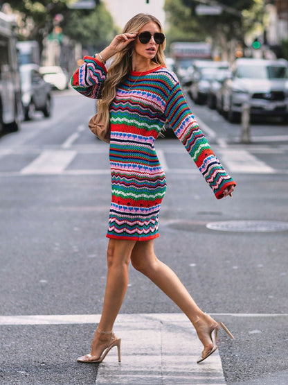 Knit Dresses- Lightweight Geo Knit Long Sleeve Sweater Dress- Chuzko Women Clothing