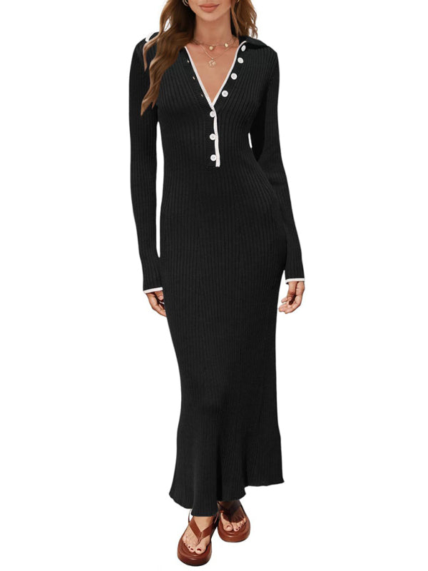Long Sleeve Sheath Midi Dress with Knit Contrast Trim Collar
