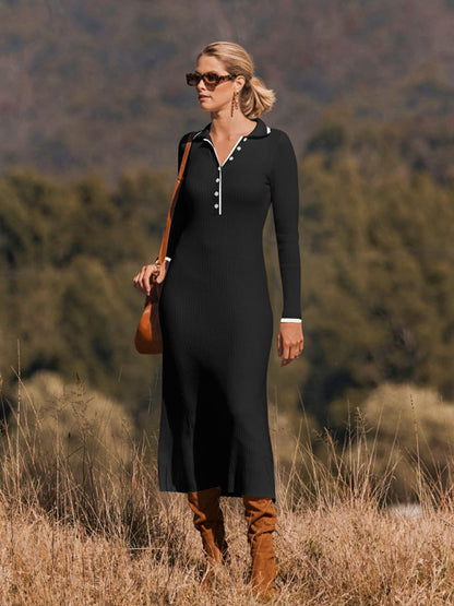 Long Sleeve Sheath Midi Dress with Knit Contrast Trim Collar