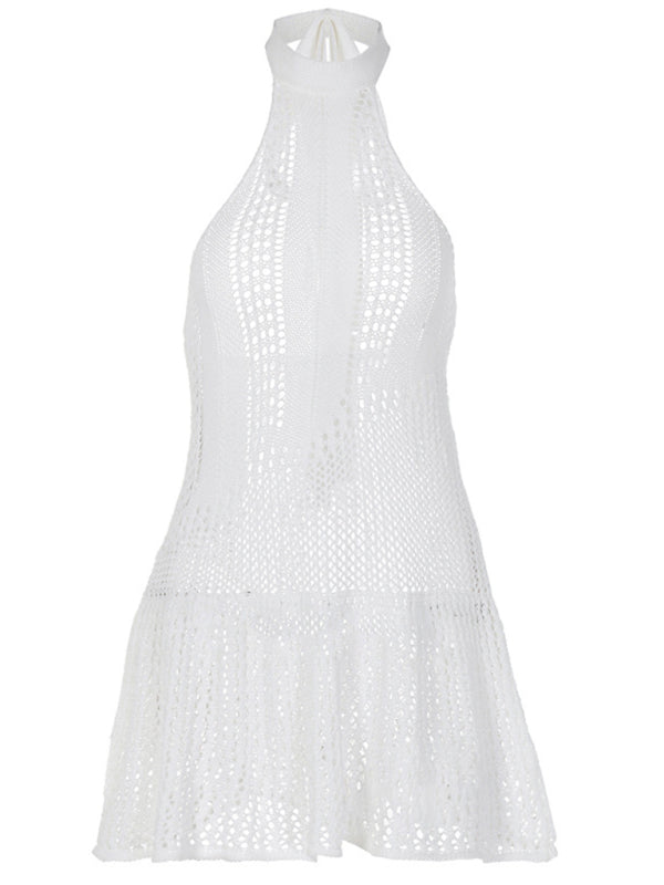 Knit Dresses- Summer Hollow Knit Halter Mini Dress with Ruffle Hem- - Chuzko Women Clothing