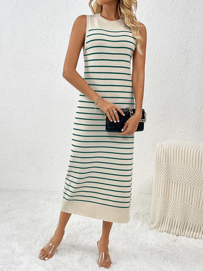 Knit Dresses- Summer Sleeveless Striped Knitted Midi Dress- - Chuzko Women Clothing