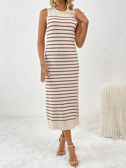 Knit Dresses- Summer Sleeveless Striped Knitted Midi Dress- - Chuzko Women Clothing
