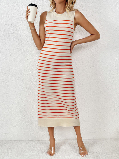 Knit Dresses- Summer Sleeveless Striped Knitted Midi Dress- Orange- Chuzko Women Clothing