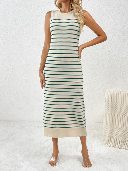 Knit Dresses- Summer Sleeveless Striped Knitted Midi Dress- Green- Chuzko Women Clothing