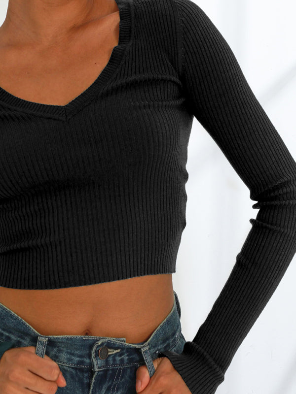 Knit Tops- Autumn V-Neck Ribbed Crop Tee for Casual Outings- Chuzko Women Clothing