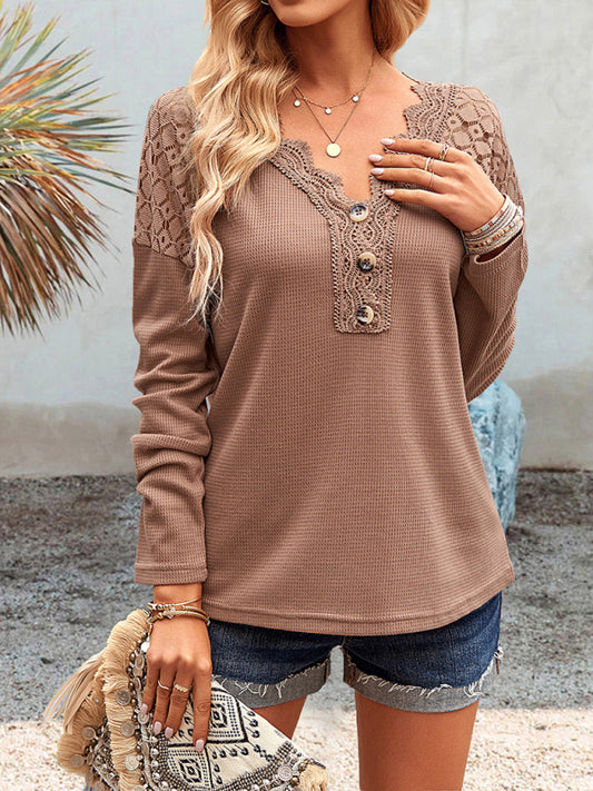 Knit Tops- Textured Long Sleeves V-Neck Top with Lace Accents- Chuzko Women Clothing