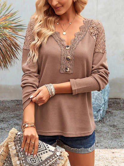 Knit Tops- Textured Long Sleeves V-Neck Top with Lace Accents- Chuzko Women Clothing