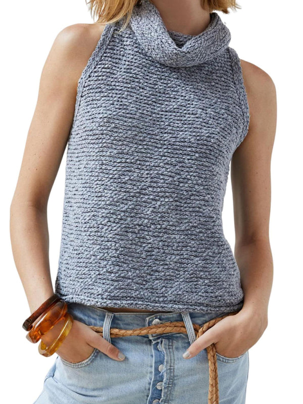 Knitted Top- Textured Sleeveless Sweater | Knitted Cowl Neck Top- Chuzko Women Clothing