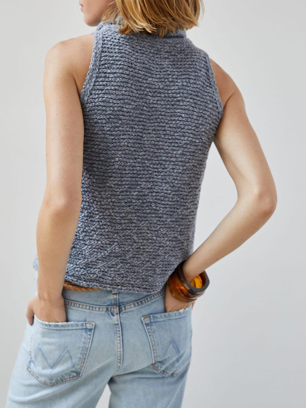 Knitted Top- Textured Sleeveless Sweater | Knitted Cowl Neck Top- Chuzko Women Clothing