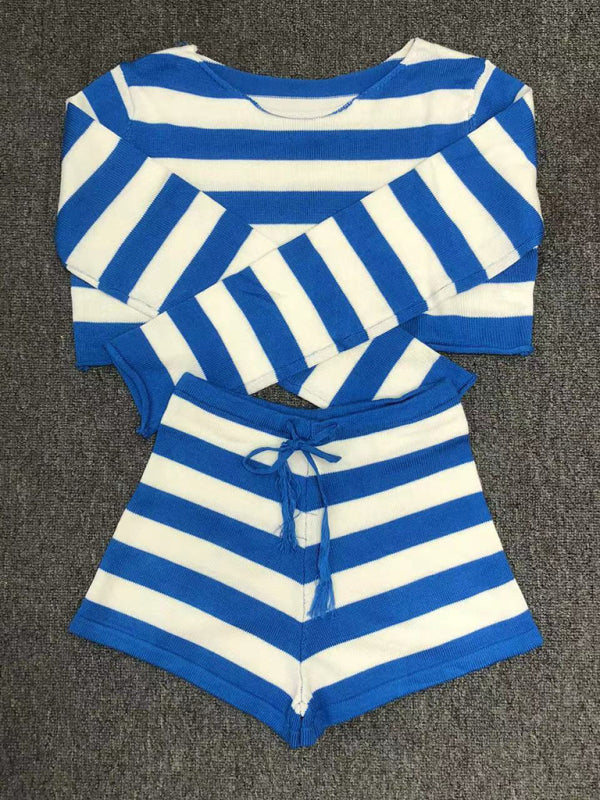 Knitwear- Beach Knitted 2-Piece Summer Outfit - Long Sleeve Crop & Boyshorts- - Chuzko Women Clothing