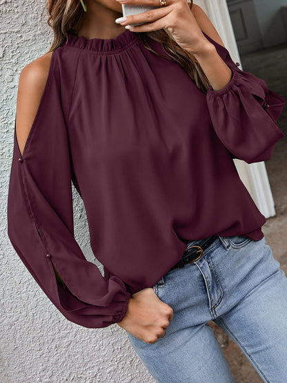 Cold Shoulder Blouse - Ruffle Neck, Long Sleeve & Keyhole Back Top Blouses - Chuzko Women Clothing