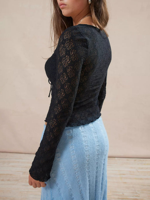 Floral Lace Scoop Neck Long Sleeve Tie Top