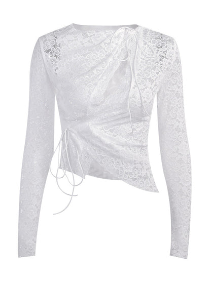 Lace Tops- Festive Asymmetric Lace See-Through Blouse | Long Sleeve Crop Top- Chuzko Women Clothing