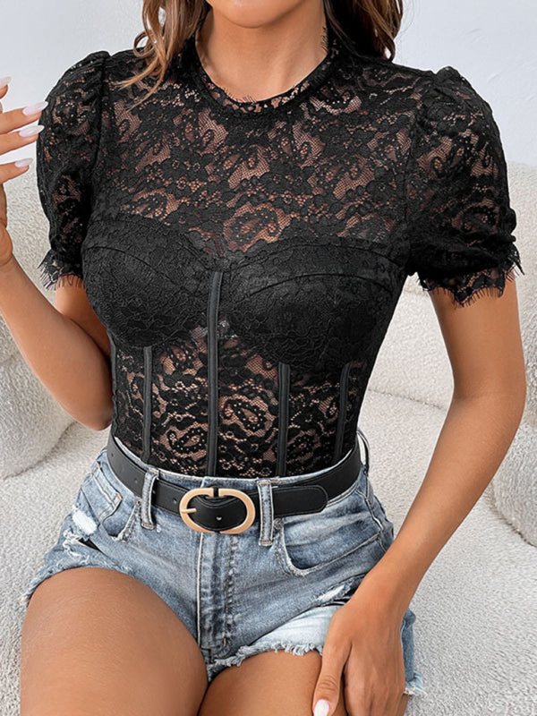 Lace Tops- Floral Lace Disco Bodysuit | Sheer Elegance Top for Festive Nights- Chuzko Women Clothing