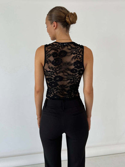 Lace Tops- See-Through Floral Lace Sleeveless Tank Top- Chuzko Women Clothing