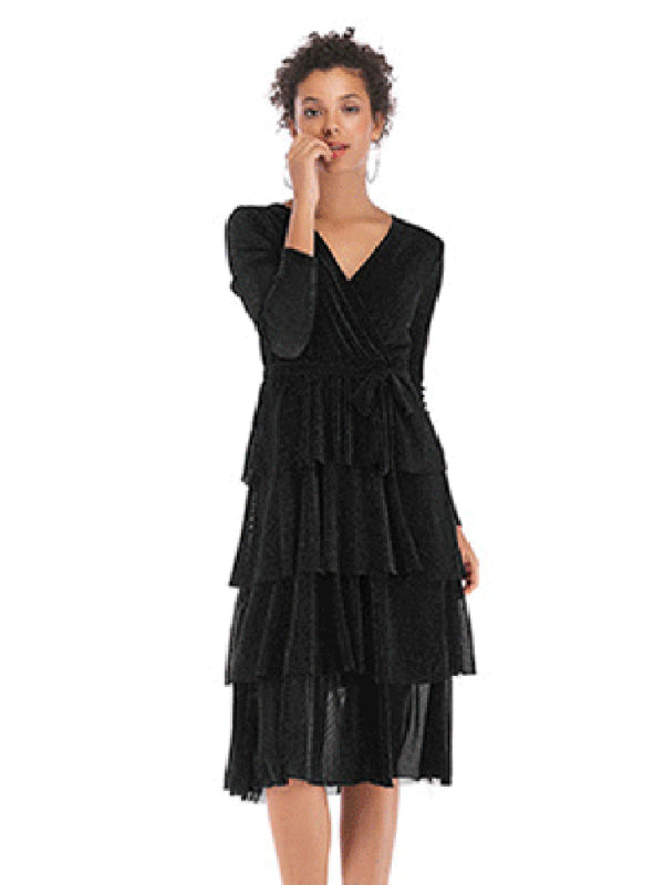 Layered Dresses- Elegant Surplice V-Neck Dress with Tiered Ruffles and Long Sleeves- Chuzko Women Clothing