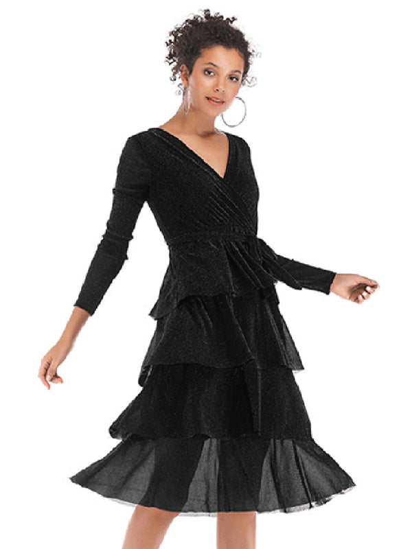 Layered Dresses- Elegant Surplice V-Neck Dress with Tiered Ruffles and Long Sleeves- Chuzko Women Clothing