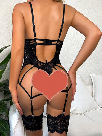 Elegant Lace-Up Lingerie Bodysuit with Intricate Lace and Garter
