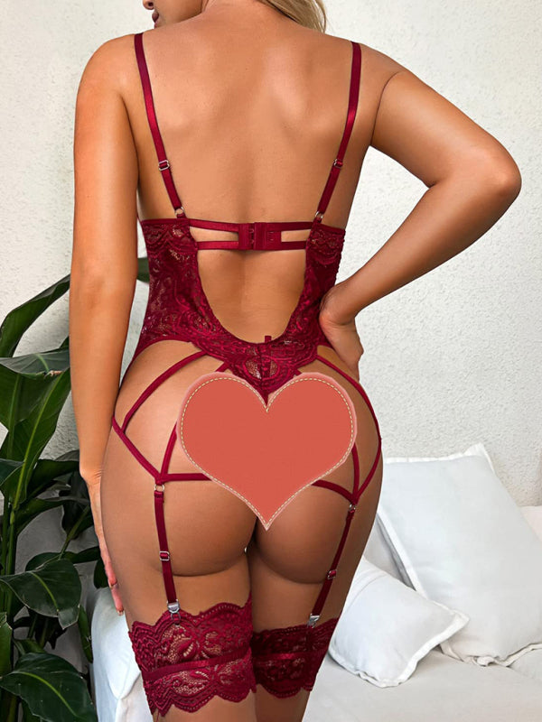 Elegant Lace-Up Lingerie Bodysuit with Intricate Lace and Garter