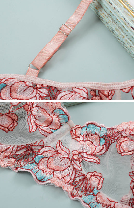 Lingerie- Floral Women's Lace Lingerie - Embroidered Bra and G-String- - Chuzko Women Clothing