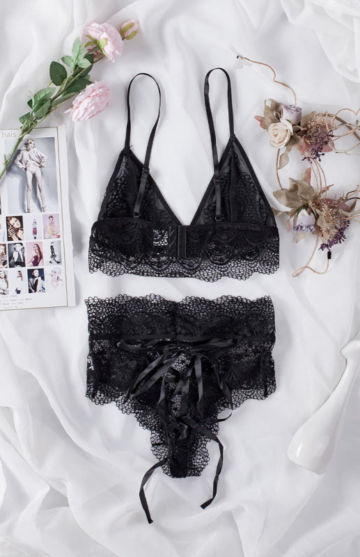Lingerie- Lace 2 Piece Bralette and High Waisted Lace-Up Panty - Lingerie Duo- - Chuzko Women Clothing