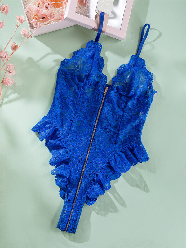 Lingerie Bodysuit | Ruffle Lace One-Piece Zip-Up Teddy