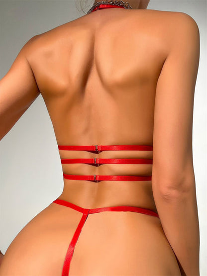 Lingerie Strappy Triangle Bra & T-String Panty with Garters Belt