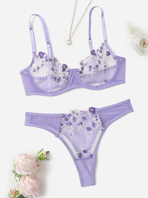 Soutien-gorge et string en dentelle transparente 2 pièces