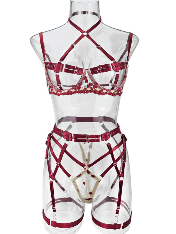 Lingerie Outfit- 3-Piece Complete Lingerie Outfit - Bra, G-String, Garter Belt Set- Chuzko Women Clothing