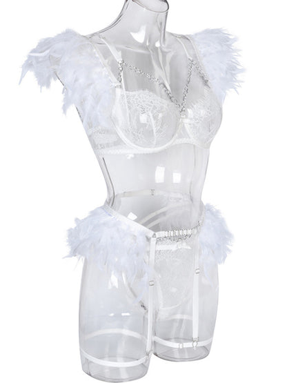 Lingerie Outfit- Feathered 3-Piece Lace Lingerie Set - Bra, G-String, and Garters Belt- - Chuzko Women Clothing