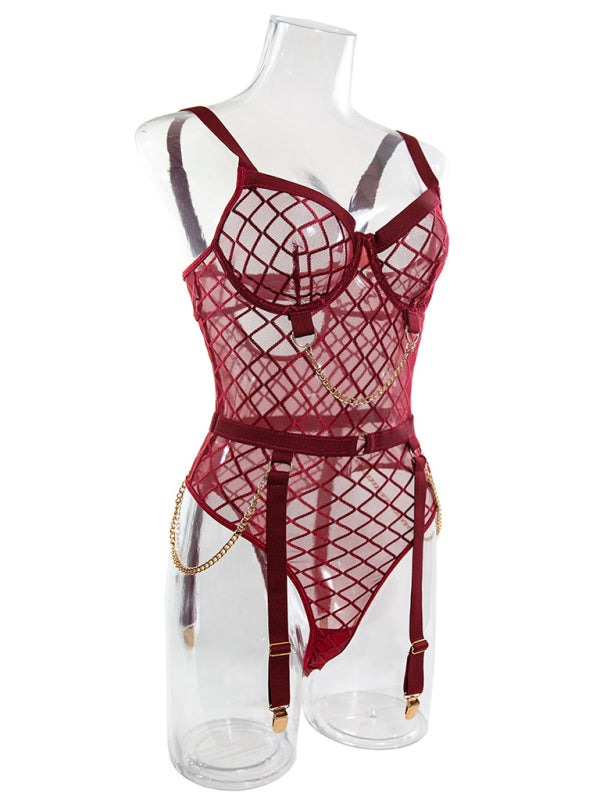 See-Through Lace Teddy Bodysuit with Garter Belt