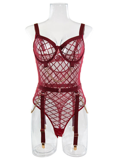 See-Through Lace Teddy Bodysuit with Garter Belt