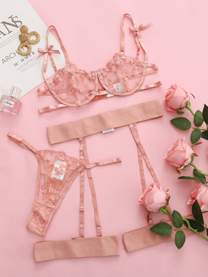 Romantic Florals Lace Lingerie Set - Underwire Bra, G-String Panty, Garters Belt