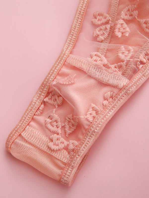 Romantic Florals Lace Lingerie Set - Underwire Bra, G-String Panty, Garters Belt